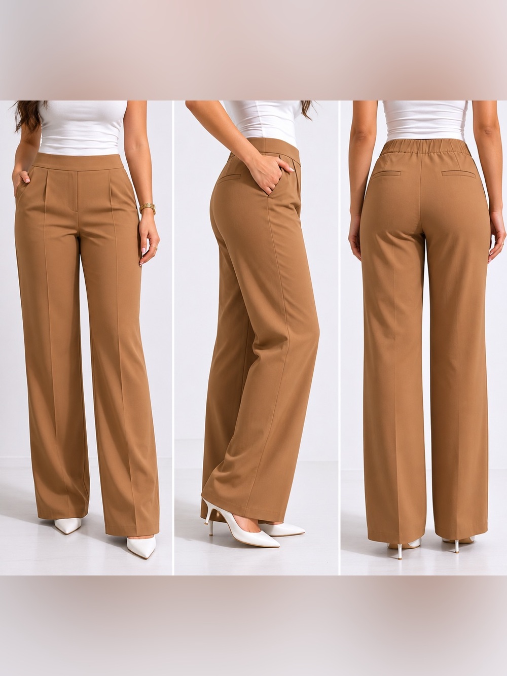 Tailored Wide-Leg Ponte Pants in Camel